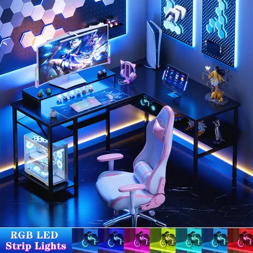 Miniatura 6 de Unikito Escritorio reversible en forma de L con tomas de corriente mágicas y luz LED inteligente, escritorio de esquina para computadora robusto