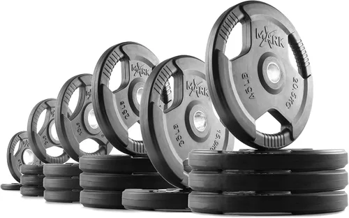 Miniatura 17 de XMARK TRI-GRIP - Par o juego de discos de peso olímpicos, pesas de ejercicio con revestimiento de goma para barra olímpica, juego de pesas