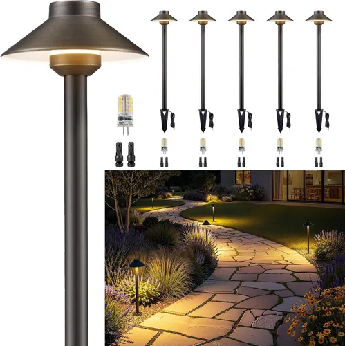 Miniatura 14 de Gardenreet Luces de camino de latón para exteriores, iluminación de camino de paisaje de bajo voltaje con cable, luz LED de pasarela de 12 V