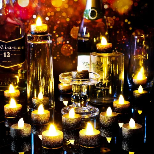 Miniatura 3 de Retisee 48 velas LED sin llama, velas falsas eléctricas con purpurina dorada y negra para centros de mesa, funciona con pilas, decoraciones