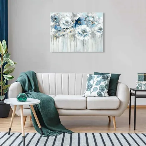 Miniatura 7 de Cuadro de flores para sala de estar, arte de pared floral azul y blanco sobre lienzo con detalles dorados para decoración de dormitorio gris, 32 x
