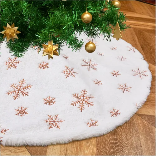 Falda de árbol de copos de nieve de oro rosa de 24 pulgadas, faldas de árbol de piel sintética blanca, mini faldas de árbol de Navidad, tapete de