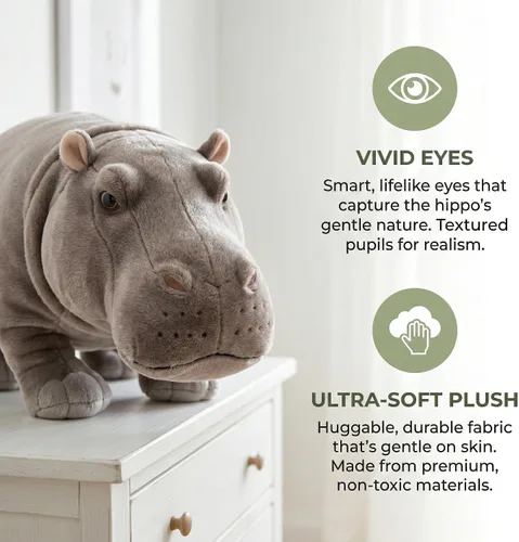 Miniatura 4 de Juguete de peluche realista de hipopótamo, animal de peluche de hipopótamo de 14 pulgadas, animales salvajes suaves, juguetes de peluche únicos