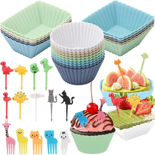 Miniatura 9 de Paquete de 12 moldes de silicona para cupcakes, moldes reutilizables para muffins – moldes redondos, cuadrados y rectangulares para hornear