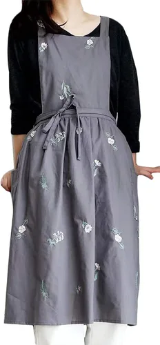 Miniatura 19 de Delantal japonés de algodón con espalda cruzada para mujer con bolsillos A1-café Floral