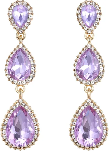 Miniatura 75 de EleQueen Pendientes de cristal austriaco en tono dorado para mujer, forma de pera de 2.5 pulgadas, color esmeralda