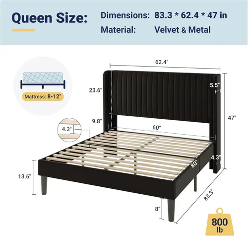 Miniatura 2 de Allewie - Base de cama tamaño Queen con cabecera tapizada en terciopelo y diseño acanalado vertical; plataforma de cama tapizada; listones de madera