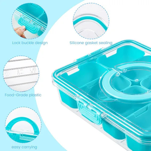 Miniatura 6 de Dingerjar Bandeja dividida para servir con tapa y asa - Snackle Box Contenedor de charcutería para bandejas de aperitivos portátiles, organizador