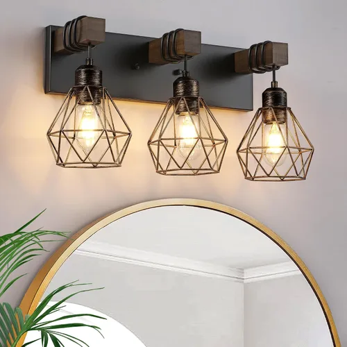 Miniatura 18 de Lámpara de tocador estilo casa de campo para baño, luminarias de tocador de baño de 2 luces negra dorada de madera sobre espejo, apliques rústicos
