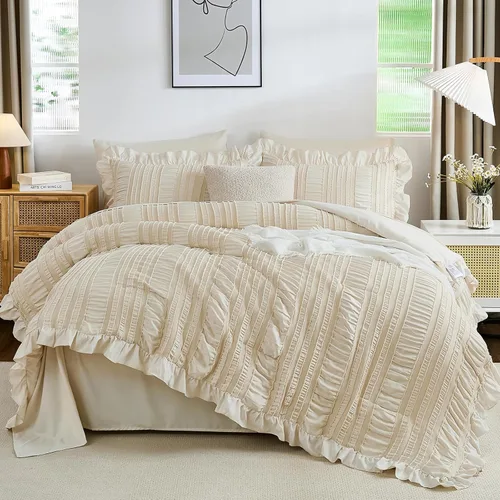 Miniatura 13 de Juego de edredón Queen de WONG BEDDING, edredón blanco y lindo con volantes para cama Queen, juego de 7 piezas en una bolsa, juego de cama