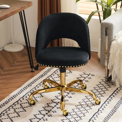 Miniatura 14 de VINGLI Silla de Oficina Pequeña de Terciopelo Moderna, Linda Silla de Escritorio con Ruedas, Base/Tachuelas Doradas, Cómoda Silla Giratoria sin Beige