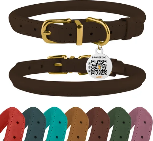 Miniatura 28 de Collar de cuero enrollado, redondo, suave y ajustable con placa de identificación por QR para perro pequeño, mediano y grande, cachorro y gato Rosa