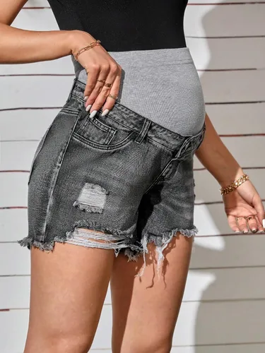 Miniatura 3 de Verdusa Pantalones cortos de mezclilla de maternidad para mujer, cintura alta, rasgados, dobladillo sin procesar, pantalones cortos de embarazo