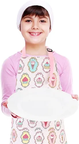 Miniatura 2 de Juego de delantal infantil y gorro de chef, delantales ajustables de algodón para niños con bolsillo grande, lindos para niñas y niños, baberos