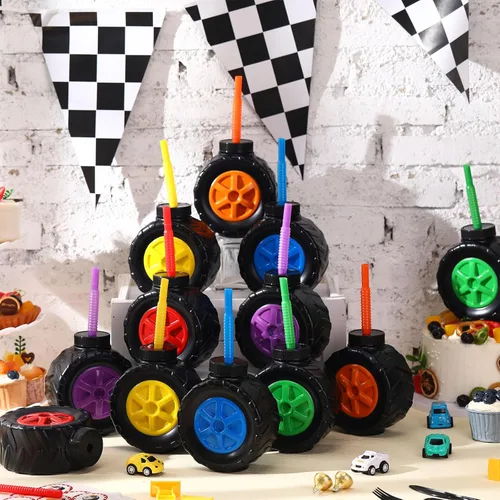 Miniatura 4 de Mifoci Paquete de 12 tazas de camión monstruo para fiestas infantiles, vasos de plástico en forma de neumáticos, construcción de camiones monstruos