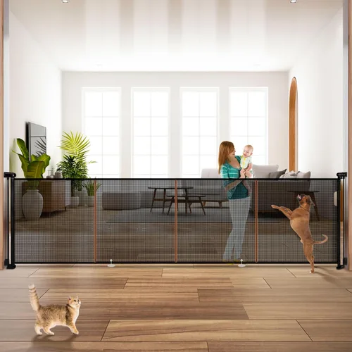 Miniatura 10 de Puertas de bebé retráctiles para escaleras, Pravoluxmax puerta retráctil extra ancha de 78" con varillas de soporte para la casa, puerta de Blanco