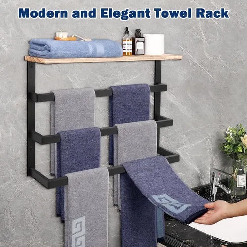 Miniatura 3 de NearMoon Toallero colgante para baño, toallero de metal grueso con estante de madera, almacenamiento de barra de toallas de 3 niveles, colgadores