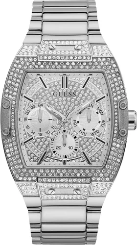 GUESS Men's Trend Casual Tonneau Diamond 43mm Watch Black Dial Stainless Steel Case & Bracelet