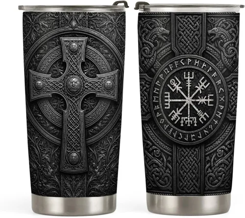Vaso vikingo con tapa de 20 onzas con cruz celta nórdica Vegvisir, mitología nórdica, regalos vikingos, vaso de café medieval gótico para hombres,