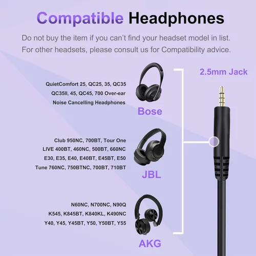 Miniatura 2 de Cable de audio de repuesto para auriculares Bose de 0.138 in a 0.098 in compatible con Bose 700 Quietcomfort 25 QC25 35 QC35 QC35II 45 QC45 JBL Tune