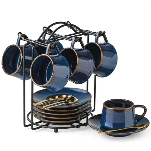 Miniatura 13 de YHOSSEUN Juego de 6 Tazas de Café Espresso de Cerámica, Tazas de Shots de Espresso de 4 Oz con Soporte, Platillos y Cucharas, Tazas Pequeñas de Café