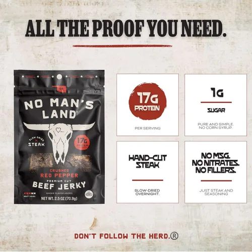 Miniatura 2 de No Man's Land - Carne seca de carne seca de pimiento rojo triturada, filete cortado a mano, secado lento, 0.76 onzas de proteína por porción, 0.00