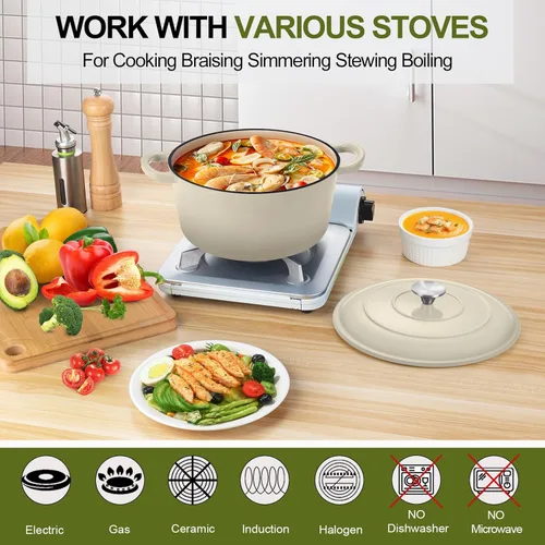Miniatura 4 de P&P CHEF Horno holandés esmaltado de 5 cuartos de galón, olla holandesa de hierro fundido con tapa para hornear pan, olla esmaltada para asar, Caqui