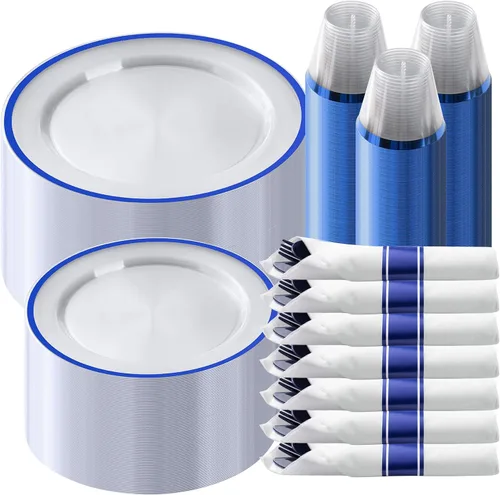 Goodluck Juego de vajilla de plástico azul oscuro de 350 piezas para fiesta, platos desechables transparentes para 50 invitados, incluye: 50 platos