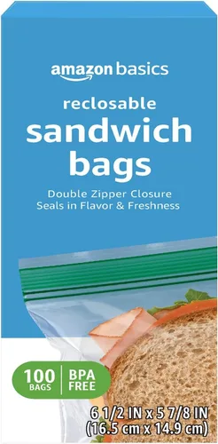 Amazon Basics Bolsas de almacenamiento de sándwich con doble cierre para almacenamiento de alimentos, sin BPA, 100 unidades