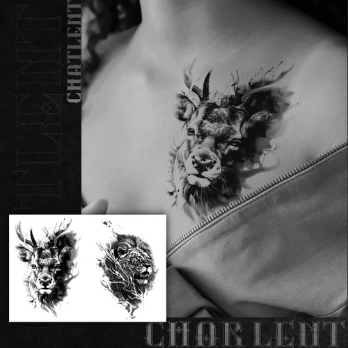Miniatura 6 de CHARLENT 18 tatuajes temporales realistas de oso tigre, león, lobo para hombres y adultos, calcomanías de tatuajes de animales falsos negros