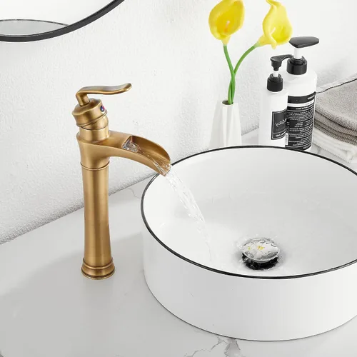 Miniatura 9 de Grifo de baño de cascada de latón antiguo GGStudy con una sola manija de un agujero, grifo de lavabo de baño a juego con drenaje desplegable
