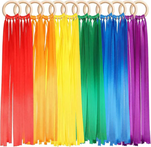 Miniatura 10 de Deekin 12 piezas de cinta de arco iris de madera Waldorf juguetes creativos Waldorf juego de cometas de mano serpentinas con anillo de madera