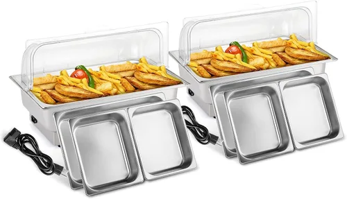 Miniatura 10 de ROVSUN Juego de bufé eléctrico de acero inoxidable de 9 cuartos de galón, NSF con tapa enrollable para catering, calentador de alimentos