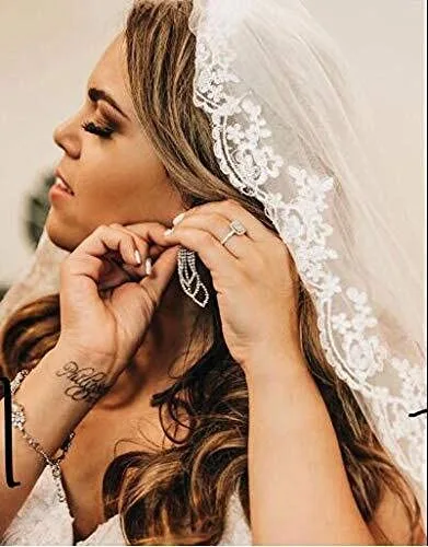Miniatura 4 de Brinote Velo de novia de encaje apliques con peine 1 nivel largo hasta la cadera velos de novia de cristal velos de tul suave para novias, Marfil
