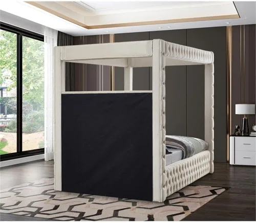 Miniatura 7 de Meridian Furniture RoyalCream-Q Colección Royal moderna, cama Queen tapizada de terciopelo contemporáneo con terciopelo crema suave, acolchado