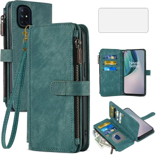 Asuwish Funda de teléfono para OnePlus Nord N10 5G Funda tipo cartera y protector de pantalla de vidrio templado de cuero con tapa para tarjeta de