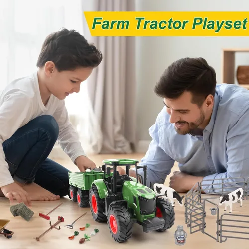 Miniatura 3 de Peagprav Juego de juguetes de tractor de animales de granja - tractor de 16.5 pulgadas con remolque, valla, granjero, árbol, vaca, juego de juguetes