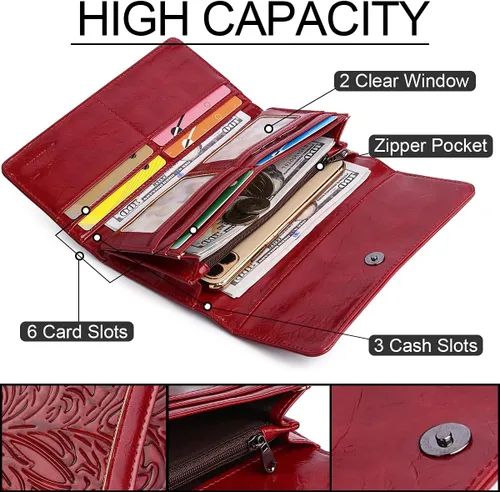 Miniatura 19 de MEITRUE Cartera de cuero para mujer, con bloqueo RFID, triple pliegue, con relieve, soporte para tarjetas, organizador de chequera para teléfono