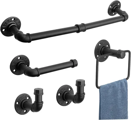 Miniatura 8 de Kit de accesorios de baño de tubería industrial de 5 piezas, montaje en pared, incluye toallero, ganchos para bata, soporte para papel higiénico