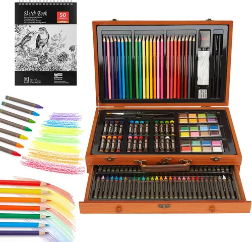Miniatura 3 de Paquete de 22 herramientas de dibujo de bocetos con juego de arte de lujo de 141 piezas, estuche de pintura de madera y kit de suministros de arte