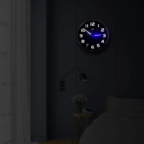 Miniatura 5 de HITO Reloj de pared con luz nocturna de 12 pulgadas, funciona con pilas, brillo ajustable, marco de metal, cubierta de vidrio