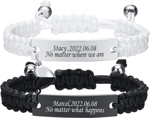 VNOX Pulsera personalizada con nombre, fecha, cita, amistad, pareja, hecha a mano, cuerda trenzada, regalo de aniversario, Navidad, para él y ella,