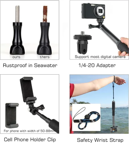 Miniatura 5 de GEPULY - Palo selfie impermeable para cámaras de acción GoPro/DJI/Insta360/AKASO 11''-46''Anti-Rust Aluminum Alloy,1/4