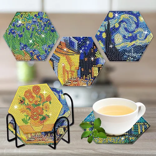 Miniatura 5 de NUFTVI Van Gogh - Juego de posavasos de pintura de diamantes con soporte, kit de posavasos de arte de diamante de cristal completo 5D para adultos.