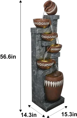 Miniatura 4 de Fuente de agua para exteriores de 6 niveles de 56.6 pulgadas de alto con luces LED, tarros en cascada con diseño inspirado en tribales para jardín