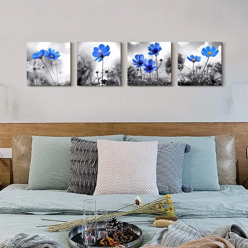 Miniatura 7 de Arte de pared para dormitorio, flor azul cian en blanco y negro, decoración de pared para decoración del hogar, pintura de arte de 12 x 12 pulgadas