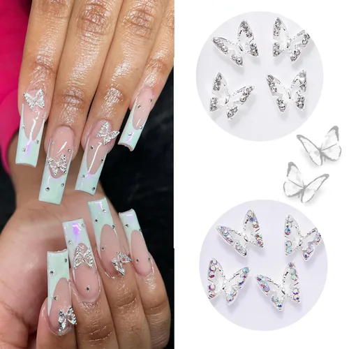 Miniatura 5 de 24 dijes de mariposa para arte de uñas, aleación 3D, plateados, con diamantes de imitación, suministros de arte de uñas, gemas de uñas brillantes