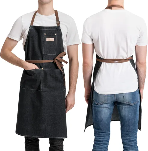 Miniatura 2 de ROTANET Delantal de trabajo de mezclilla con 3 bolsillos, delantales para chef, estilista, cocina, carpintería, para hombres y mujeres, azul y negro