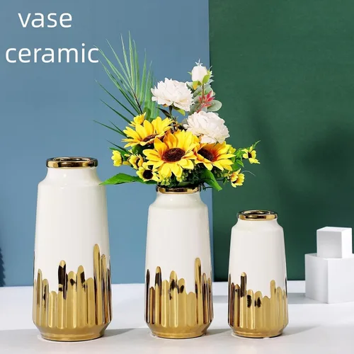 Miniatura 3 de Jarrón grande de cerámica blanca con detalles chapados en oro de 11 pulgadas de alto, florero decorativo para sala de estar, decoración moderna