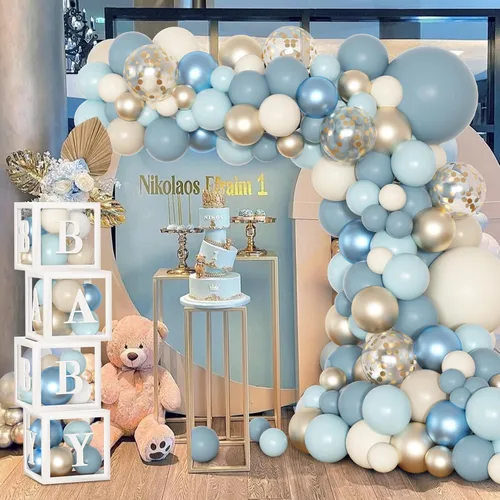 Miniatura 5 de 153 piezas de decoración de baby shower azul polvoriento para niño, kit de arco de globos azules con letra (A-Z+Bebé) para suministros de fiesta